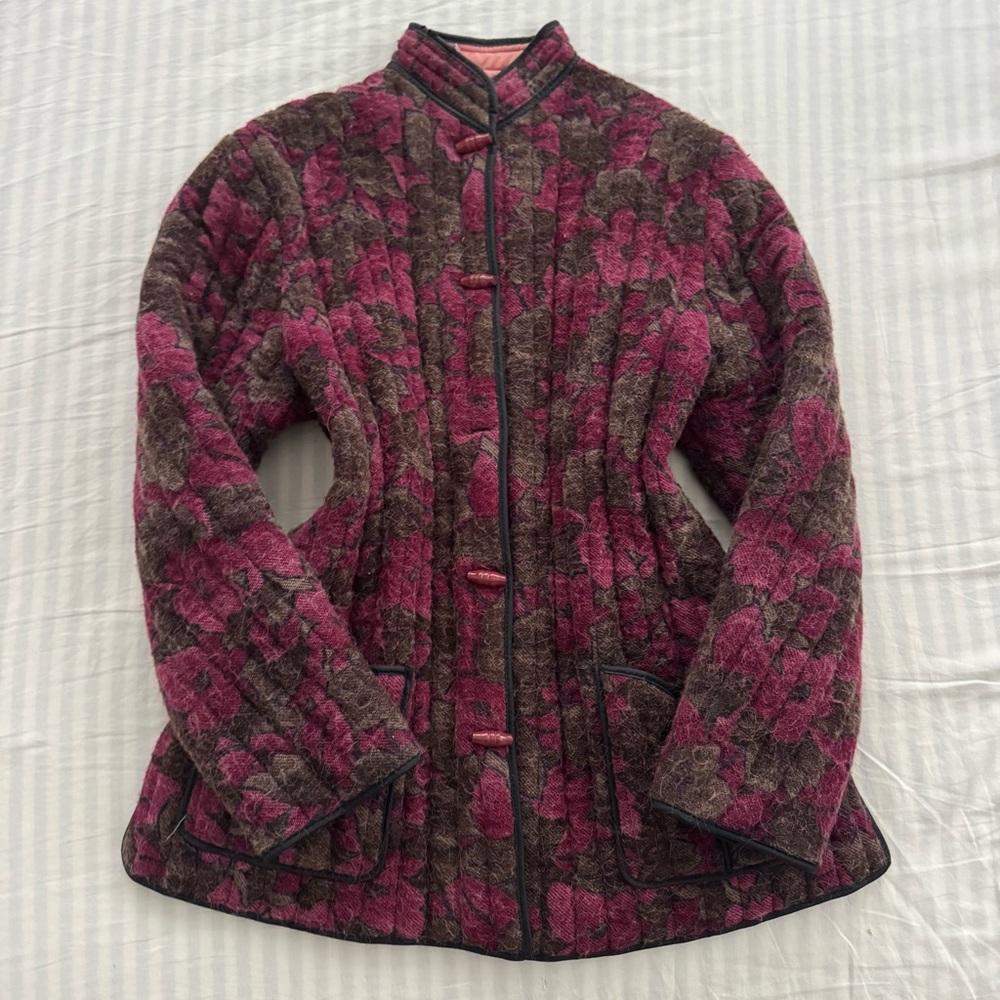 Pink and brown vintage Asian quilted jacket with toggle closure